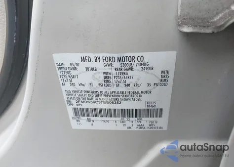 2007 Ford Edge Se из США, поврежденный, VIN 2FMDK36C37BB06252